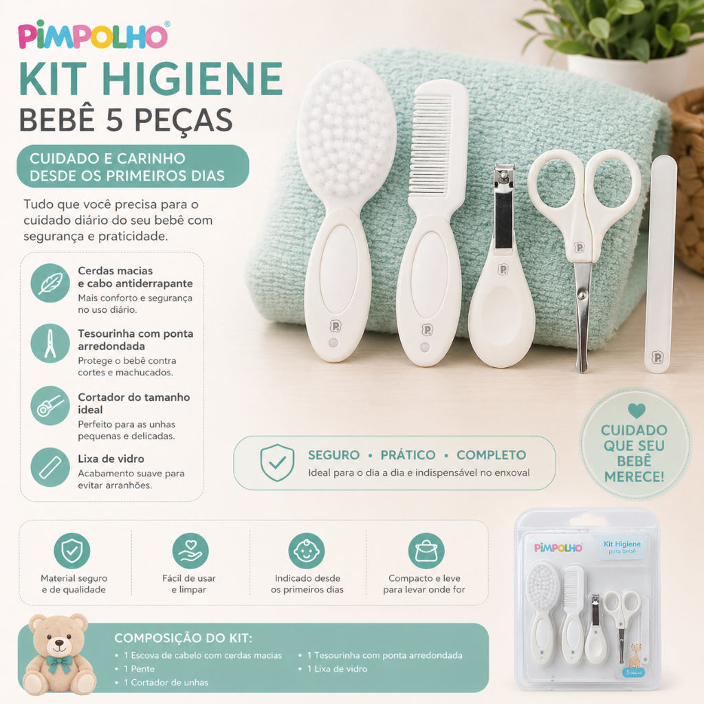 KIT bebê Higiene completo com tesoura, pente, escova, lixa e cortador de unha - pimpolho enxoval