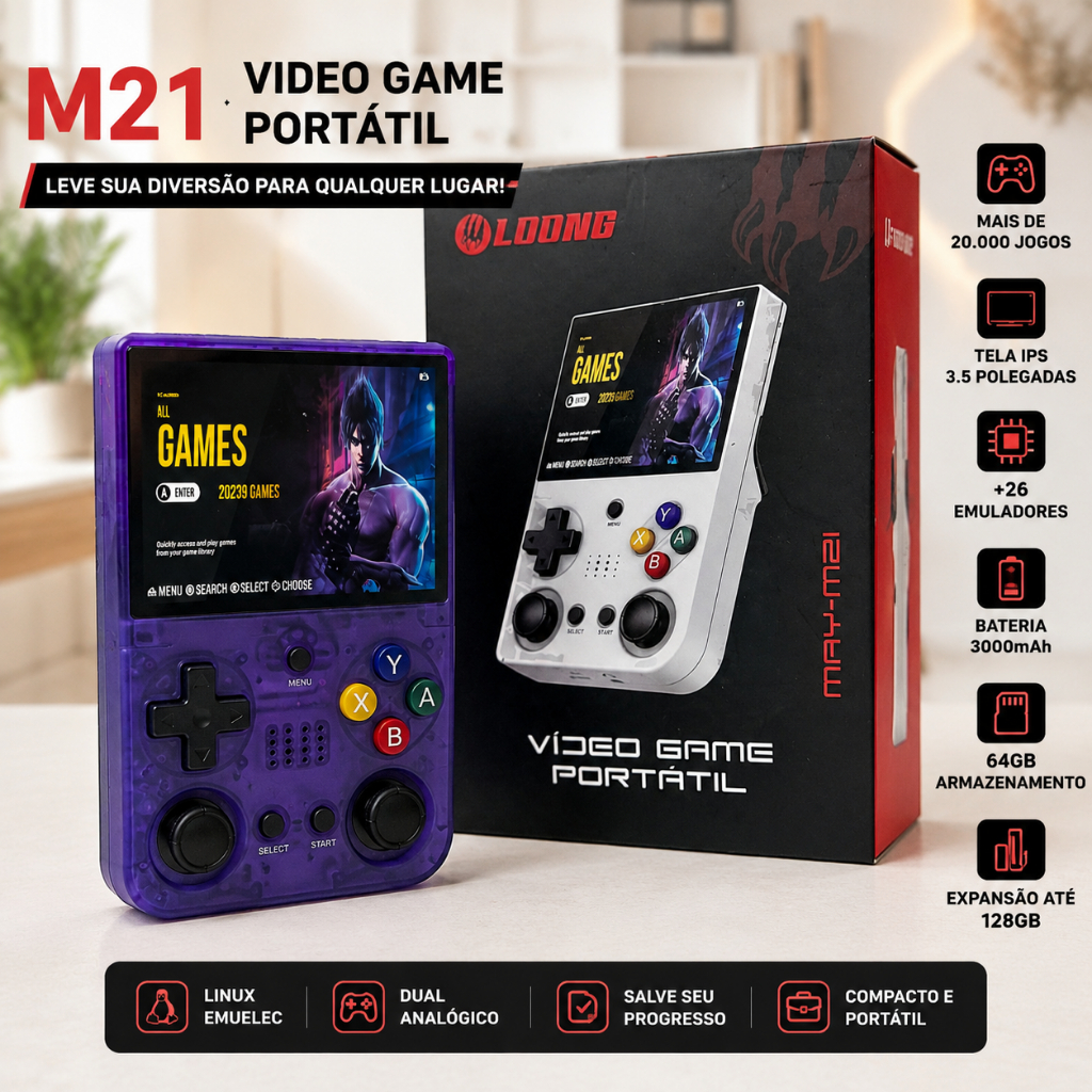 Console Portátil M21 Retro Game 64GB | Tela IPS 3.5" | Mais de 20.000 Jogos | Linux EmuELEC