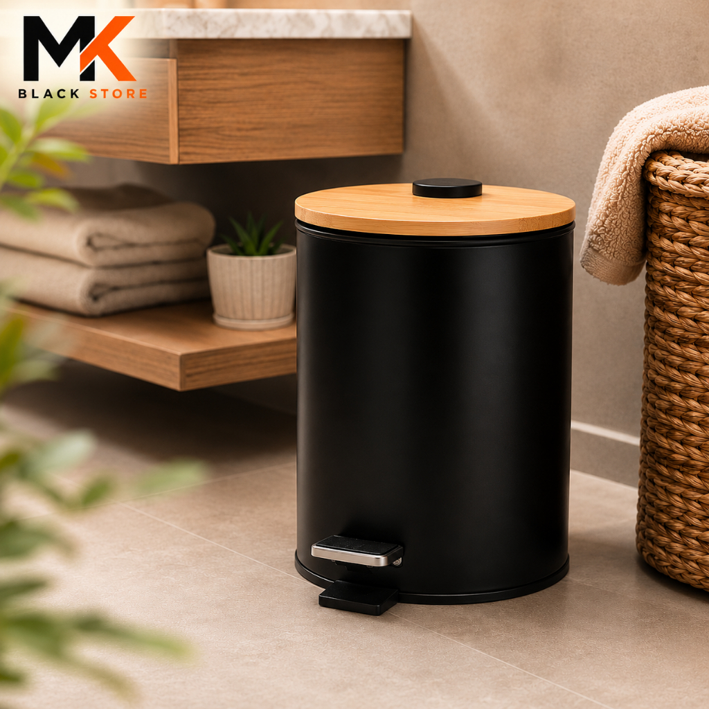 Lixeira 5 Litros Com Pedal Preta Tampa Madeira Bambu Natural Banheiro Social Cozinha Lavabo Lixeira Decorativa Redonda