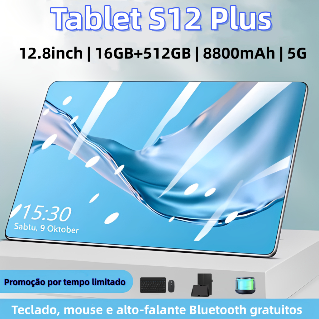 【Teclado e mouse gratuitos】Tablet  S12 Plus 16GB de RAM + 512 GB de ROM Tela HD de 12.8 polegadas Android5G