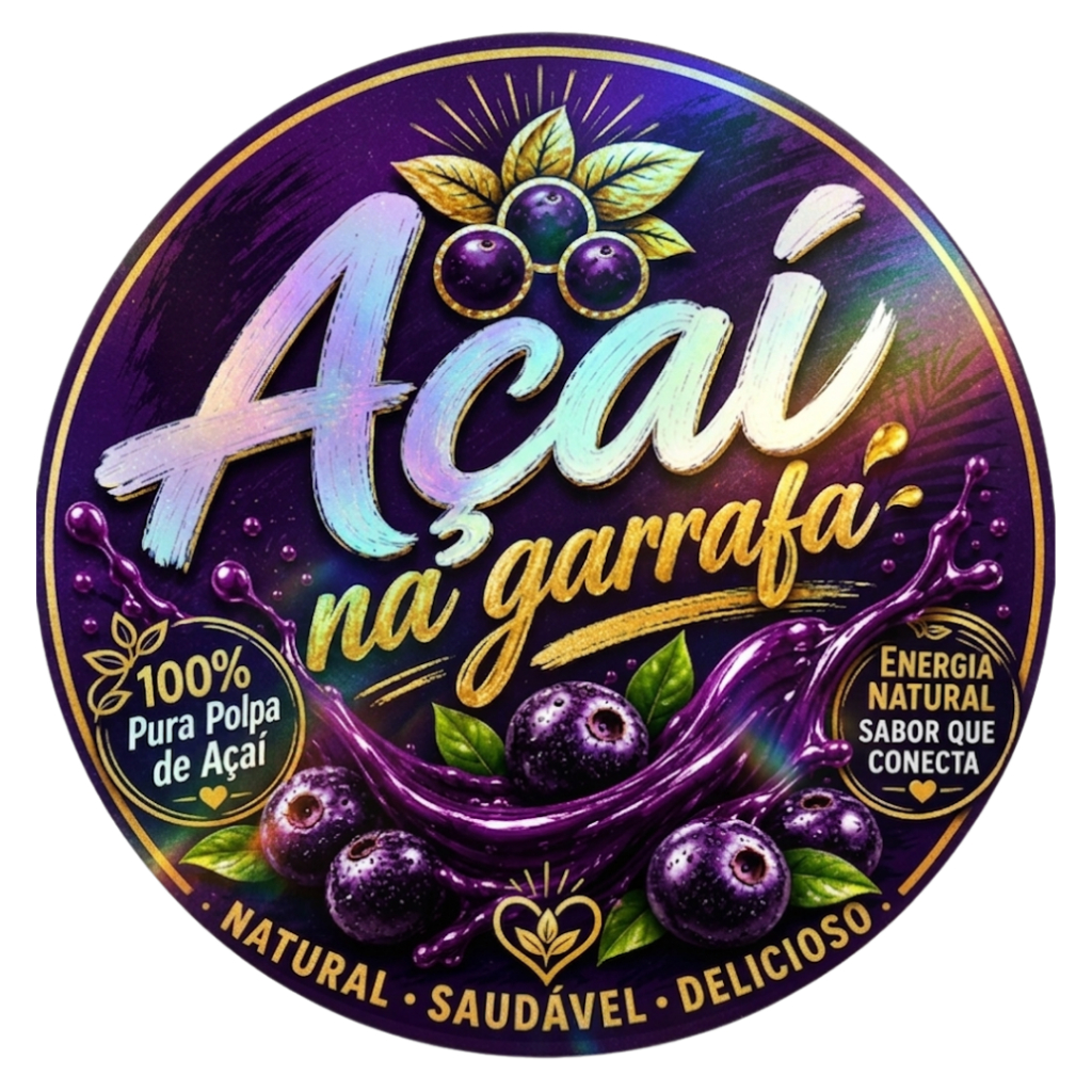 Adesivo Açaí na garrafa Holográfico 4x4cm até 6x6cm Vinil à Prova D’Água Etiquetas