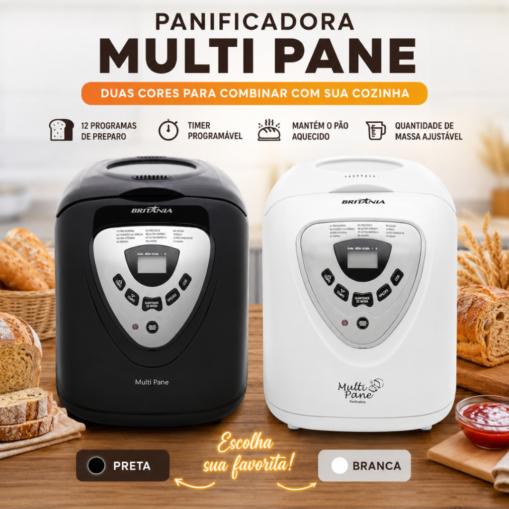 Panificadora MultiPane 12 Programas Britânia Timer Máquina de Pães Programável Inox