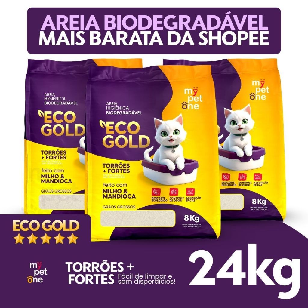 Areia Biodegradável Eco Gold Grossa MyPetOne - 8Kg a 24Kg