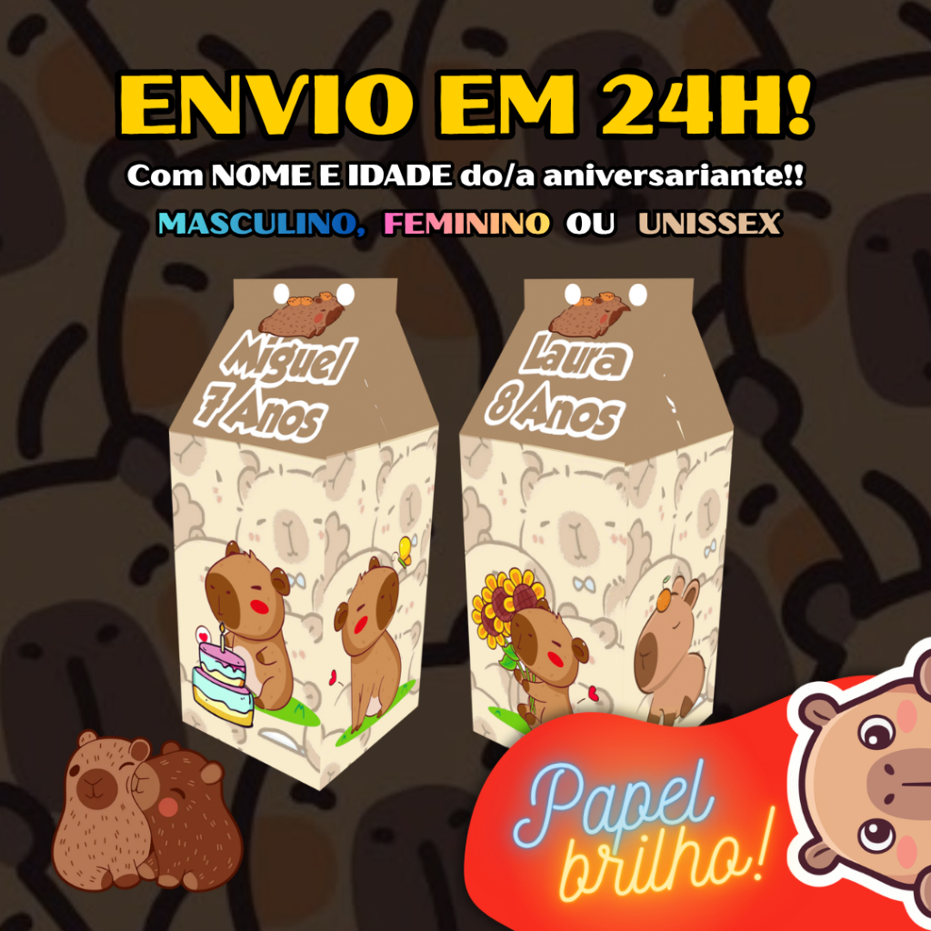 Caixinhas Capivara Milk Leite Personalizada Para Festas de Aniversario e Lembrancinha Doces e Balas Masculina Feminina