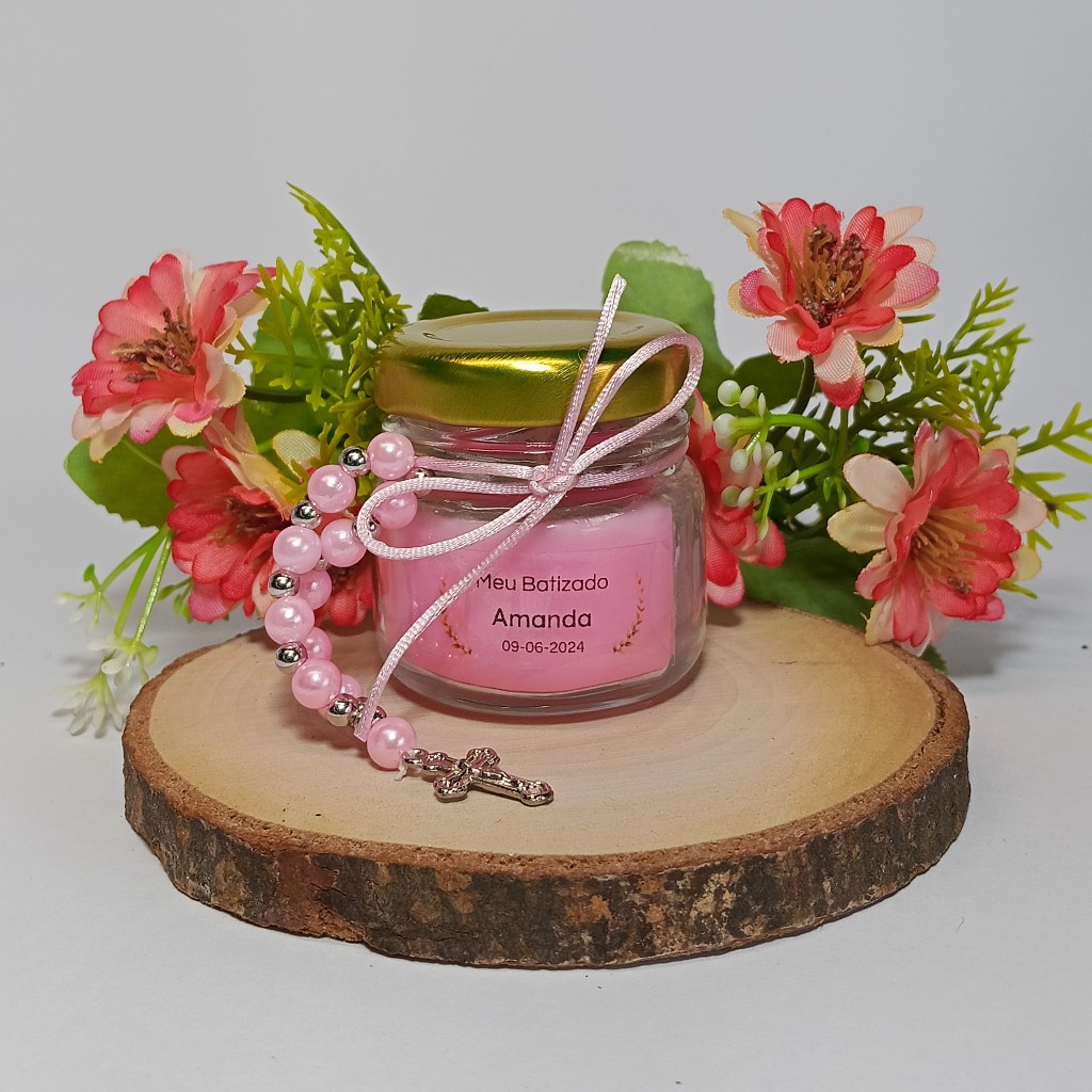 10 Lembrancinhas Velas Rosas Perfumadas com mini terço para Batizado, Crisma ou Primeira Comunhão