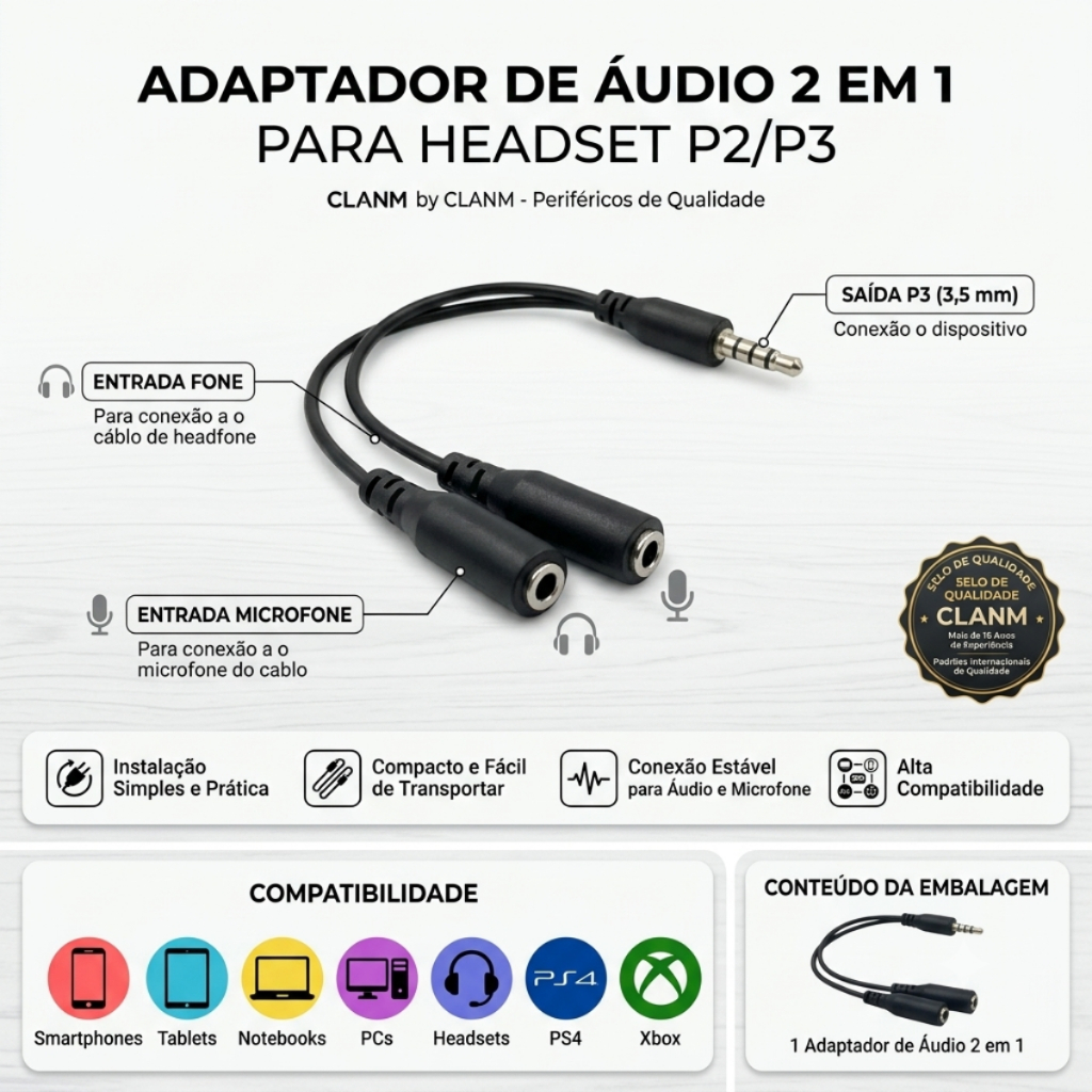 Adaptador de Áudio 2 em 1 para Microfone e Fone de Ouvido P2/P3 com Conector Divisor para Celular