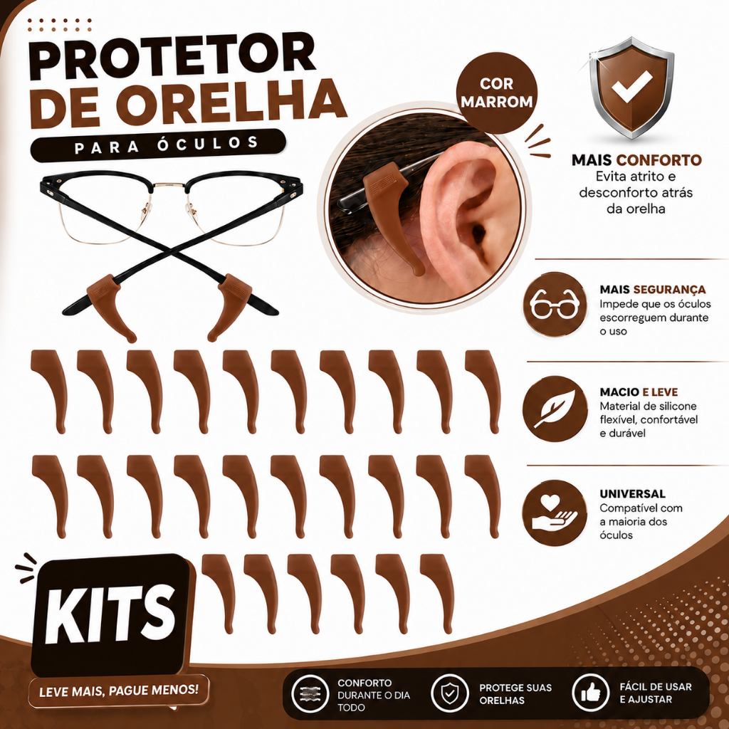 Kit Suporte Armação de Óculos Antiderrapante Gancho de Orelha em Silicone Adulto e Infantil Marrom