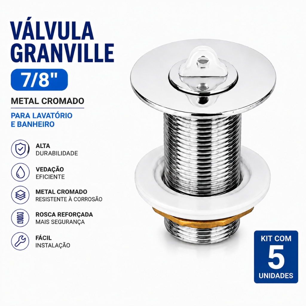 Válvula Granville 7/8" Metal Cromado | Kit 5 Unidades | Para Lavatório e Banheiro | Anti Vazamento | Alta Durabilidade