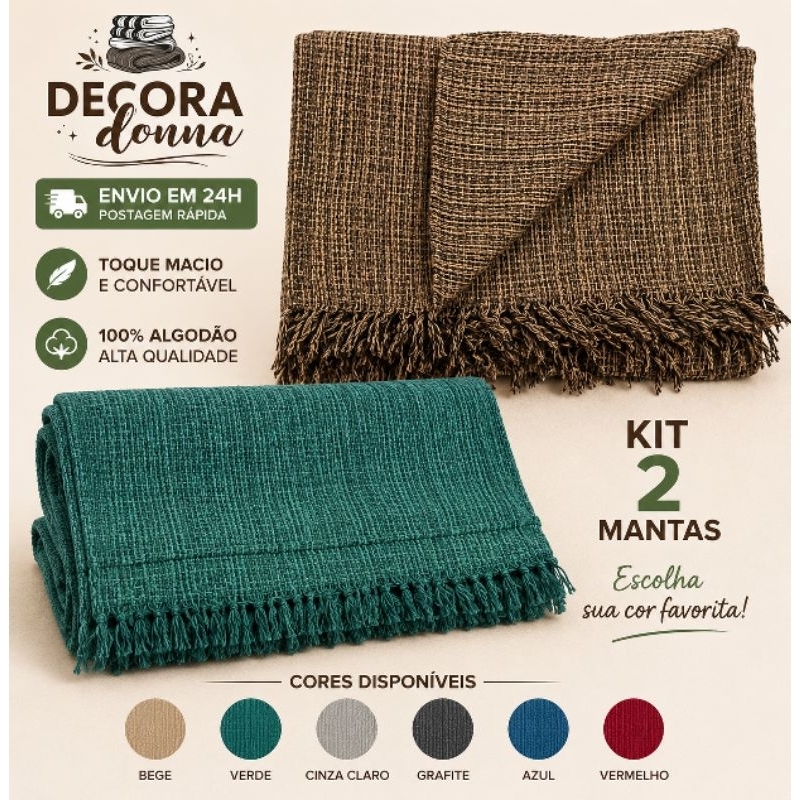 Kit 2 Mantas 100% Algodão Decorativa Para Sofá ou Cama 210×120 Grande Tipo Capa Protetora