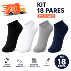 Kit Meia Soquete Cano Baixo Unissex 3 a 18 Pares Tênis Academia Conforto