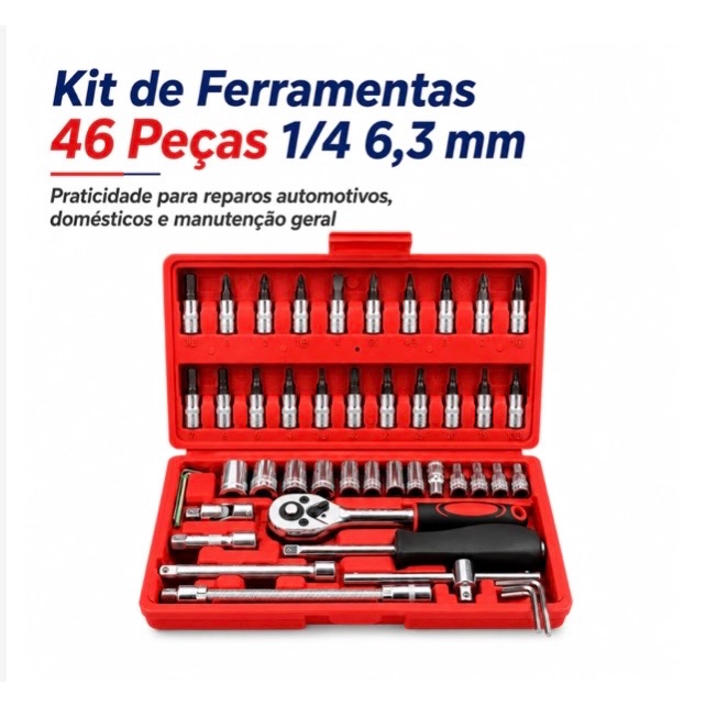 Kit Completo Chave Catraca 46 Peças Soquetes Bits Torx Phillips Fenda 1/4