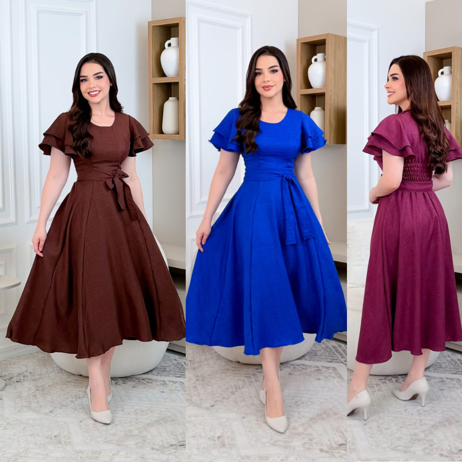 Vestido Feminino Midi Rodado Soltinho Manga Babados Elegante. Casual Moda Primavera Verão evangelico