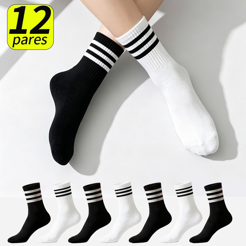 Kit 12 Pares Meias Femininas Retro Cano Médio combinando 3 Listras Anti-Odor Absorvente Esportivo Confortável