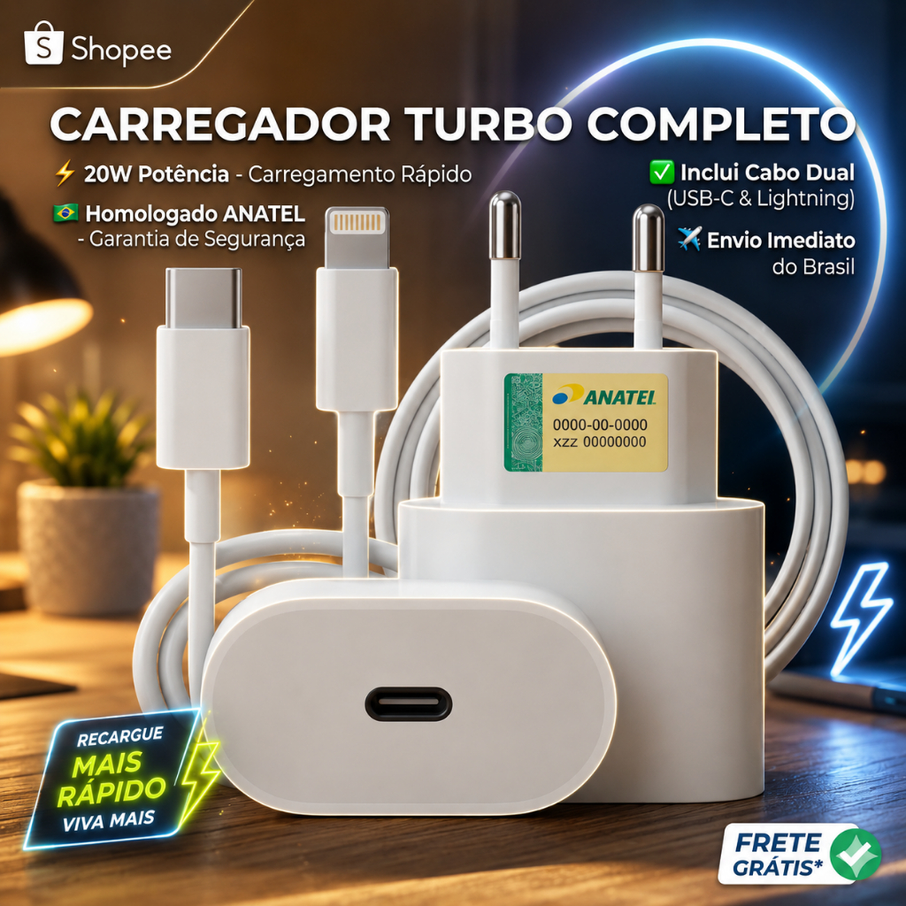 Carregador Completo Cabo Lightning + Fonte Tipo C Turbo Iphone XR 8 11 12 13 14 20W Homologado Anatel