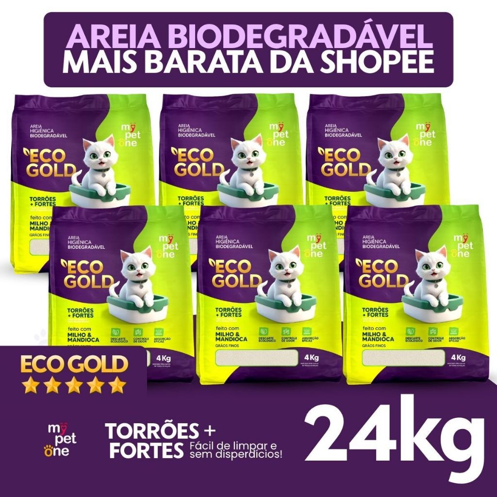 Kit 6 Areia Eco Gold Biodegradável Fina MyPetOne 4Kg