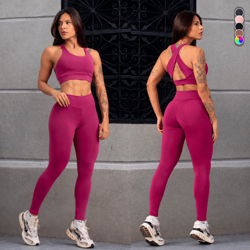 Conjunto de Academia Feminino Top Cruzado + Calça Legging Zero Transparência Fitness Treino
