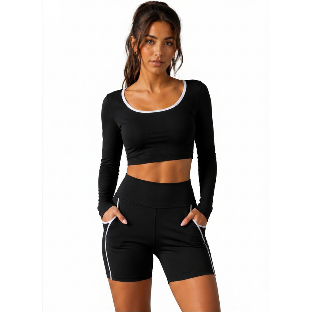 Conjunto Academia Feminino Short Cintura Alta Com Bolso E Blusa Cropped Manga Comprida Roupa De Treino Fitness Inverno