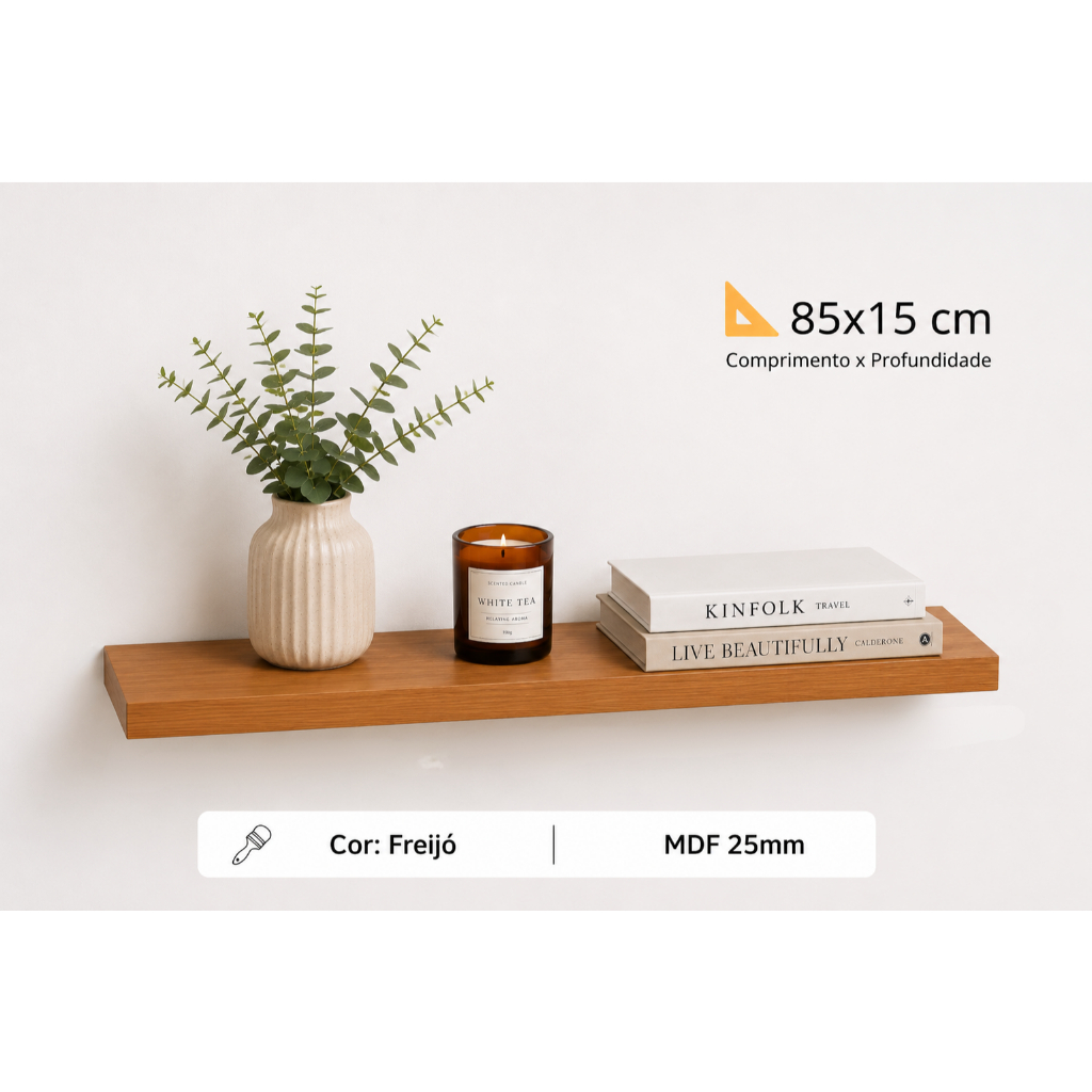 Prateleiras 85x15 Freijó MDF 25mm Suporte Invisível Decoração quarto sala escritório
