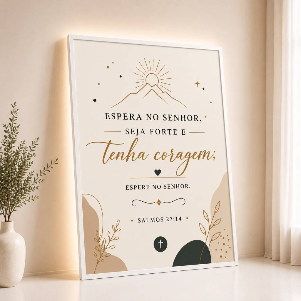 Quadro Decorativo Religioso Salmos 27:14 Espera no Senhor Seja Forte e Tenha Coragem Frase Bíblica Fé Cristã Sala Quarto