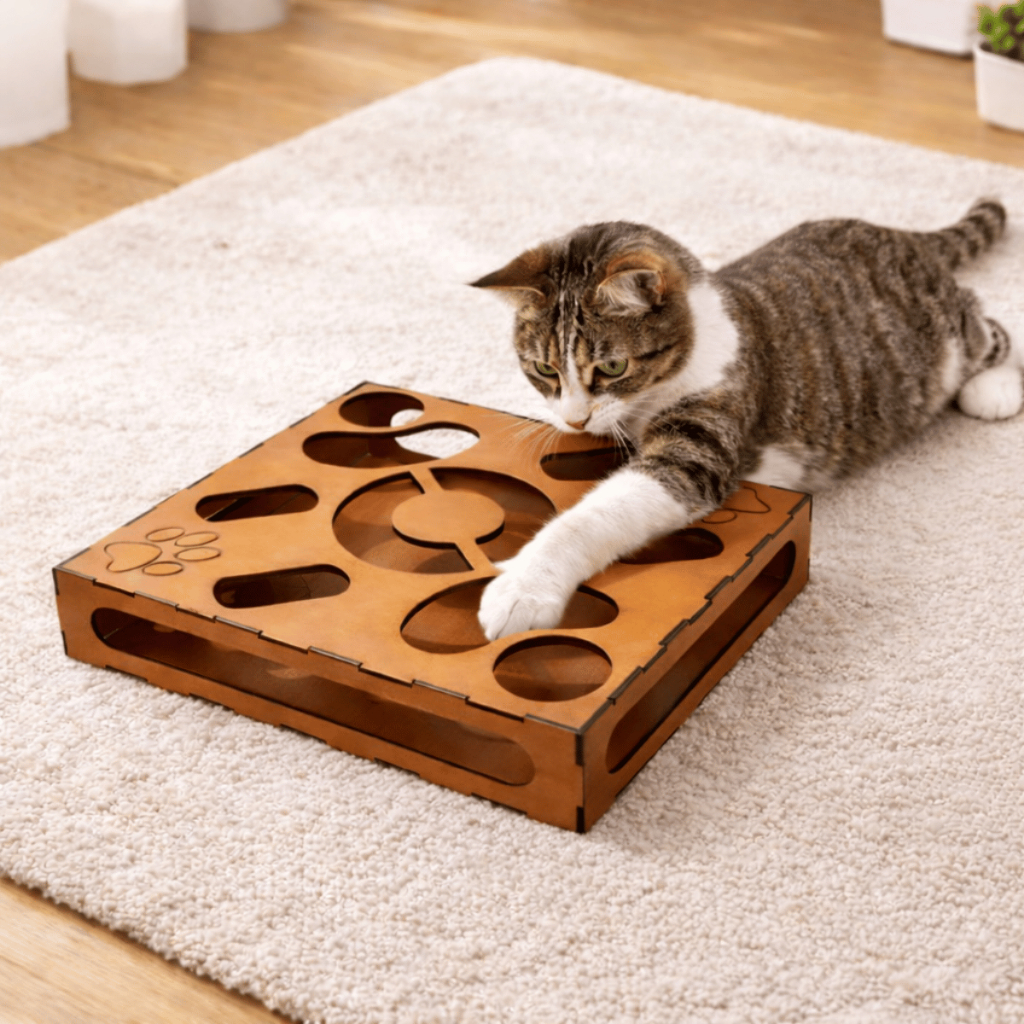Brinquedo Gato Distração Mdf Cru Labirinto Recreativo Corre Corre 30x30cm
