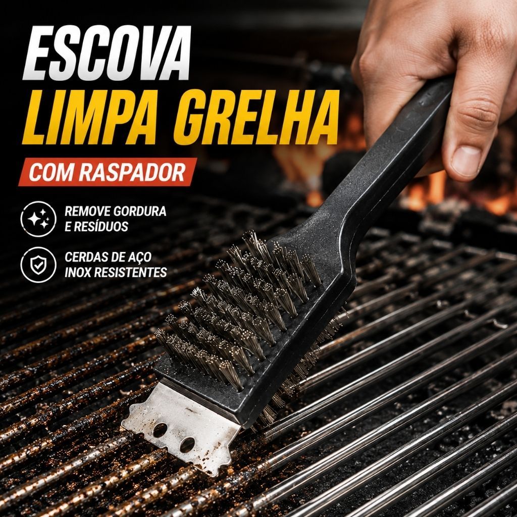 Escova Limpa Grelha Churrasqueira Aço Inox Com Raspador 30cm