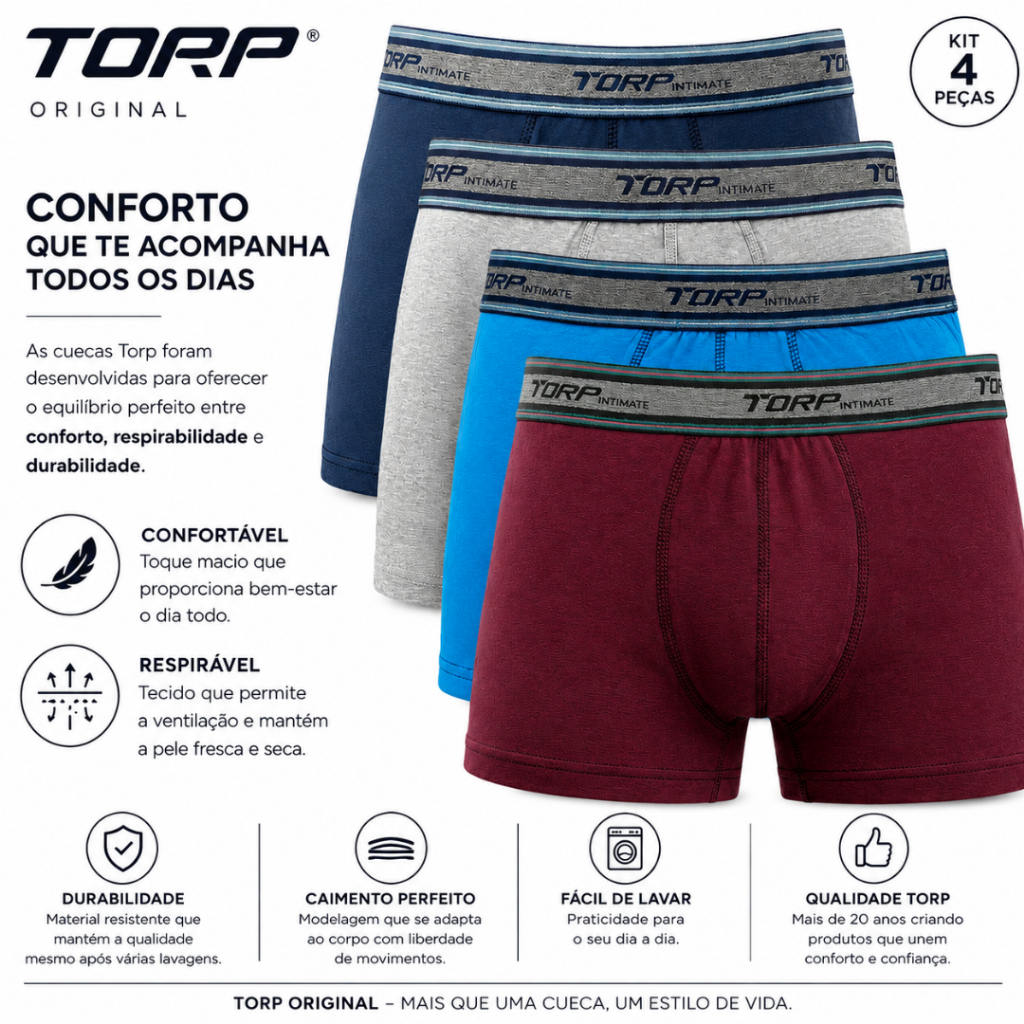 Kit 4 Cuecas Box Boxer Torp Masculina Algodão Respirável Elástico Exposto Costura Lisa