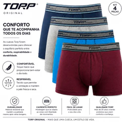 Kit 4 Cueca Boxer Torp Kit Cueca Box Elástico Exposto Cueca Masculina Algodão Costura Lisa Cotton