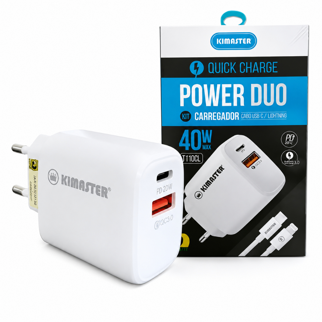 Carregador Usb/ C Lightning Kimaster T110cl Turbo Power Duo clip-icon Carregador Usb/ C Lightning Kimaster T110cl Turbo