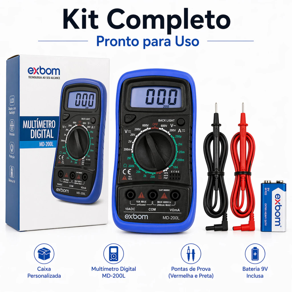 Multimetro Digital Profissional MD-200L Exbom Fusível de Auto Restauração - Kit Completo