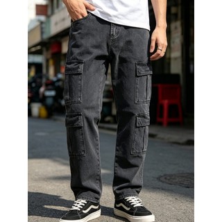Calça Jeans Cargo Masculina Reta Bolsos Casual Dia a Dia