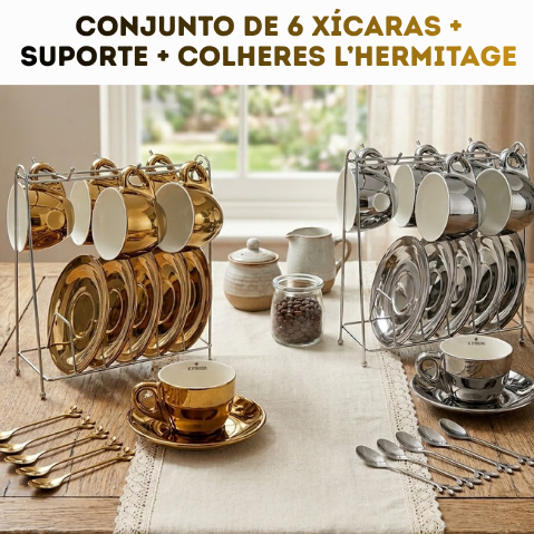 Kit de 6 Xícaras de Porcelana L'Hermitage Chromino Douradas com Pires, Suporte e Colheres para Café 80 mL