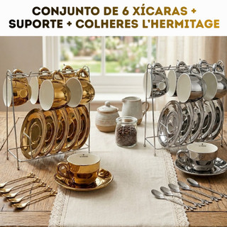 Kit de 6 Xícaras de Porcelana L'Hermitage Chromino Douradas com Pires, Suporte e Colheres para Café 80 mL