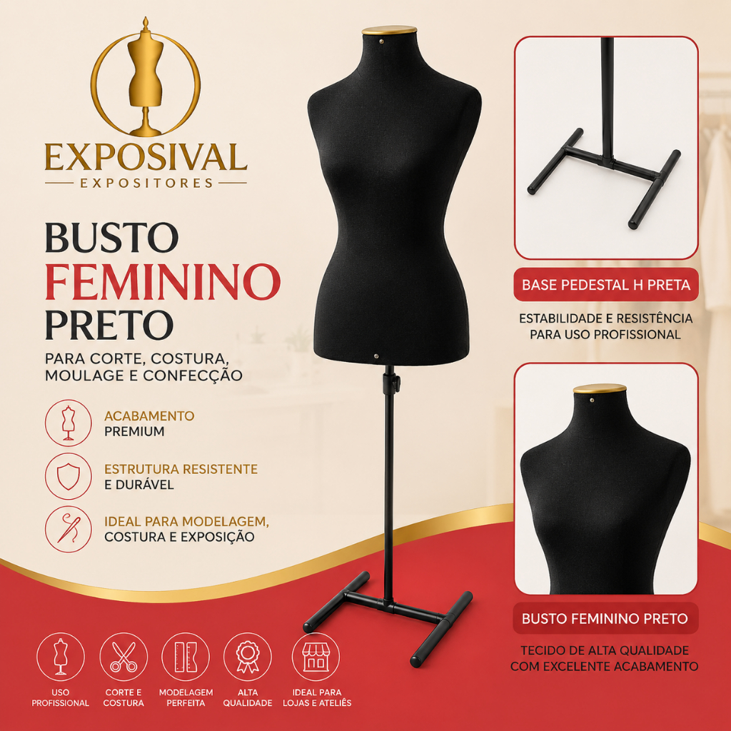 1 Busto Manequim Feminino Para Corte Costura Confecção com Base Pedestal H preta Vitrine Loja
