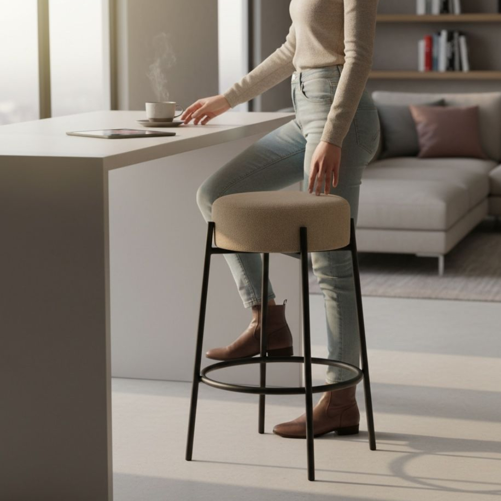 kit 2 Banqueta Stool 65cm Industrial Ferro Preto Linho Bege — imagem 2 de 2