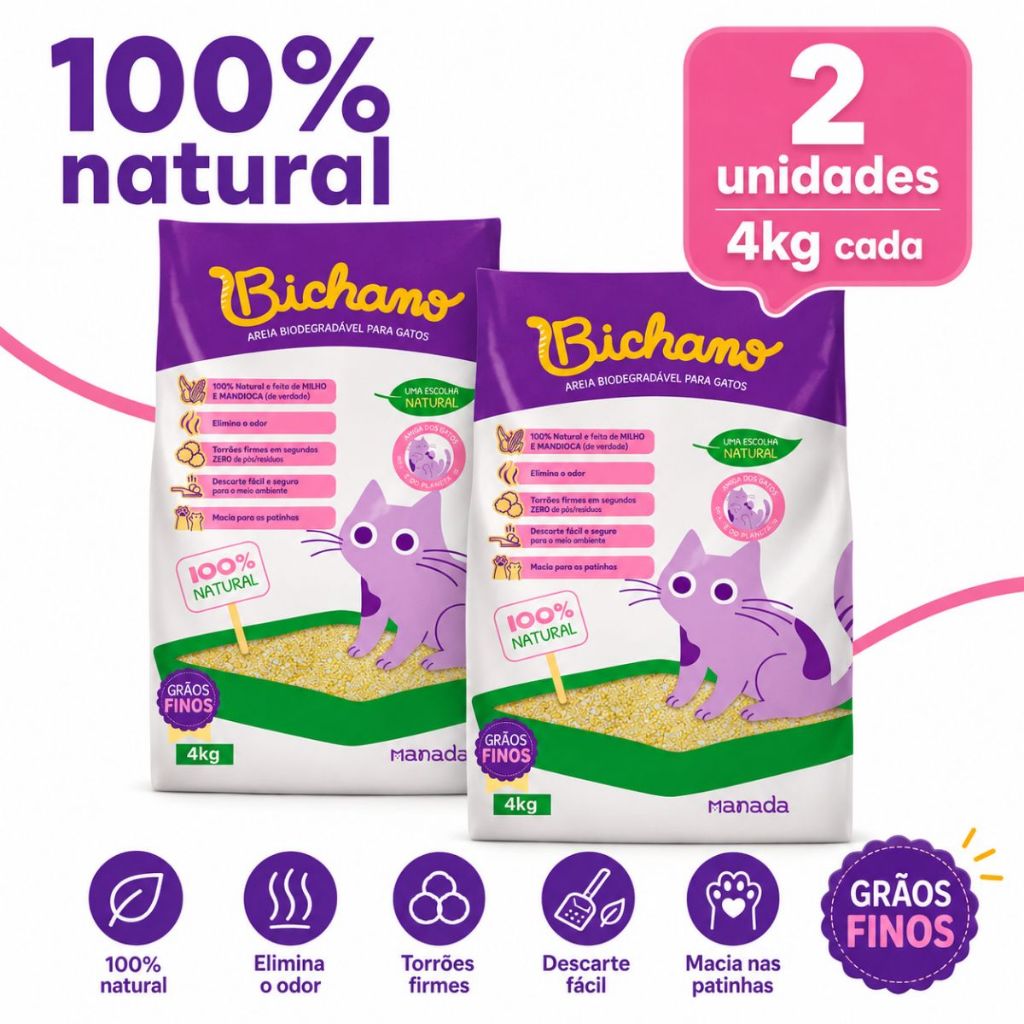 Kit 02 Unidades Areia Biodegradável Bichano Para Gatos Grãos Finos 8kg Manada Mi