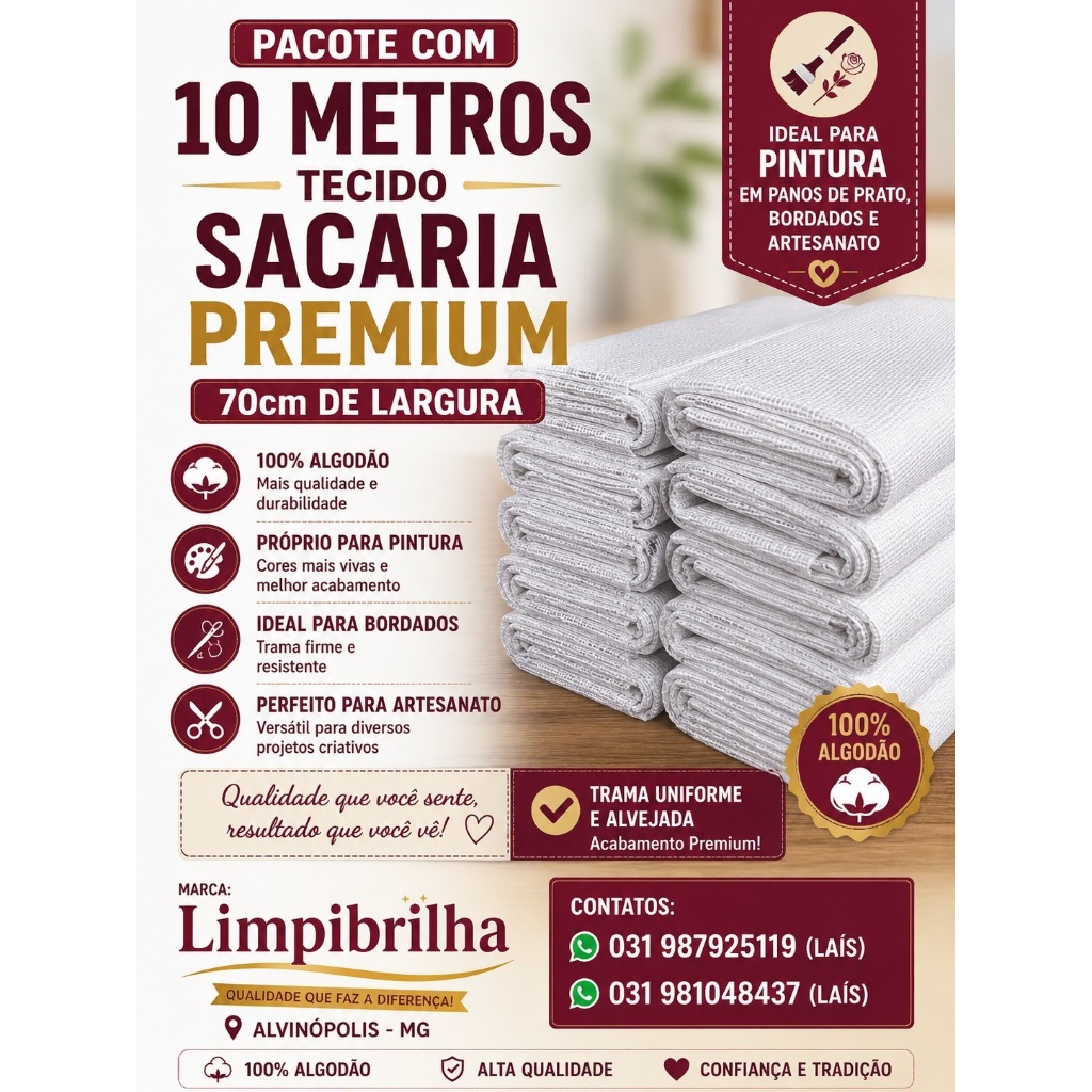 KIT 10 METROS TECIDO SACARIA PREMIUM ALVEJADO 70CM LARGURA 100% ALGODÃO PARA PINTURA EM TECIDO E ARTESANATO.TRAMA LISA