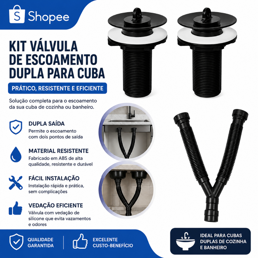 Sifão Sanfonado Preto + Válvula Pia Tanque/Lavatório PVC ABS Preto Kit Sinfão Duplo Preto + Válvula