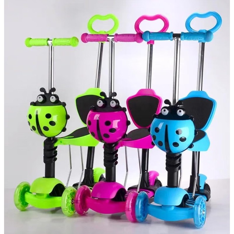 Patinete Infantil Scooter Joaninha 2 em 1 Dobrável 3 Rodas com Empurrador LED Banco Altura Ajustável