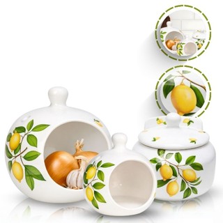 Kit Porta Alho Cerâmica e Porta Talher Limão Siciliano Organizador Colheres Gourmet Condimentos Multiuso Decoração