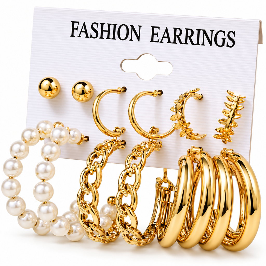 Kit Conjunto 6 Pares de Brincos Femininos Aço Inoxidável Argola Pérola Estrela Zircônia Antialérgico