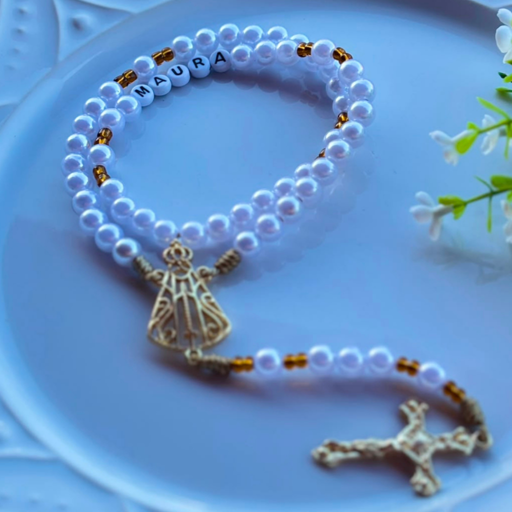 Terço Personalizado -> Terço Com Nome -> Presente Católico -> Terço Branco