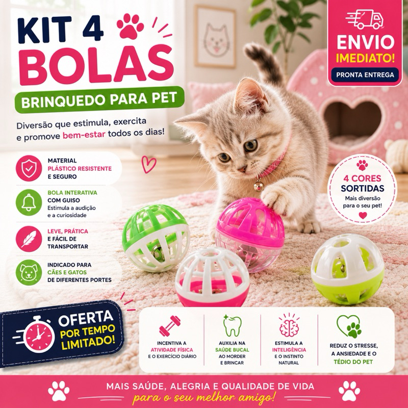 Kit Brinquedo Pet de Plástico com 4 Bolas Sortidos Gatos