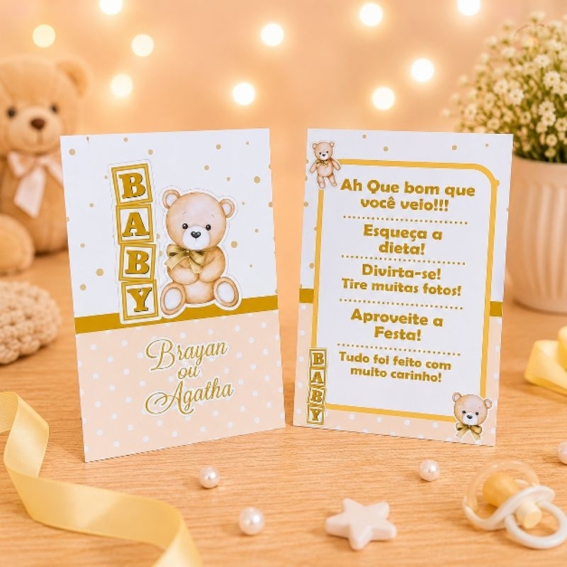 Kit Plaquinhas de Agradecimento Ursinho Dourado Chá de Revelação - Centro de Mesa Lembrancinha de Festa infantil