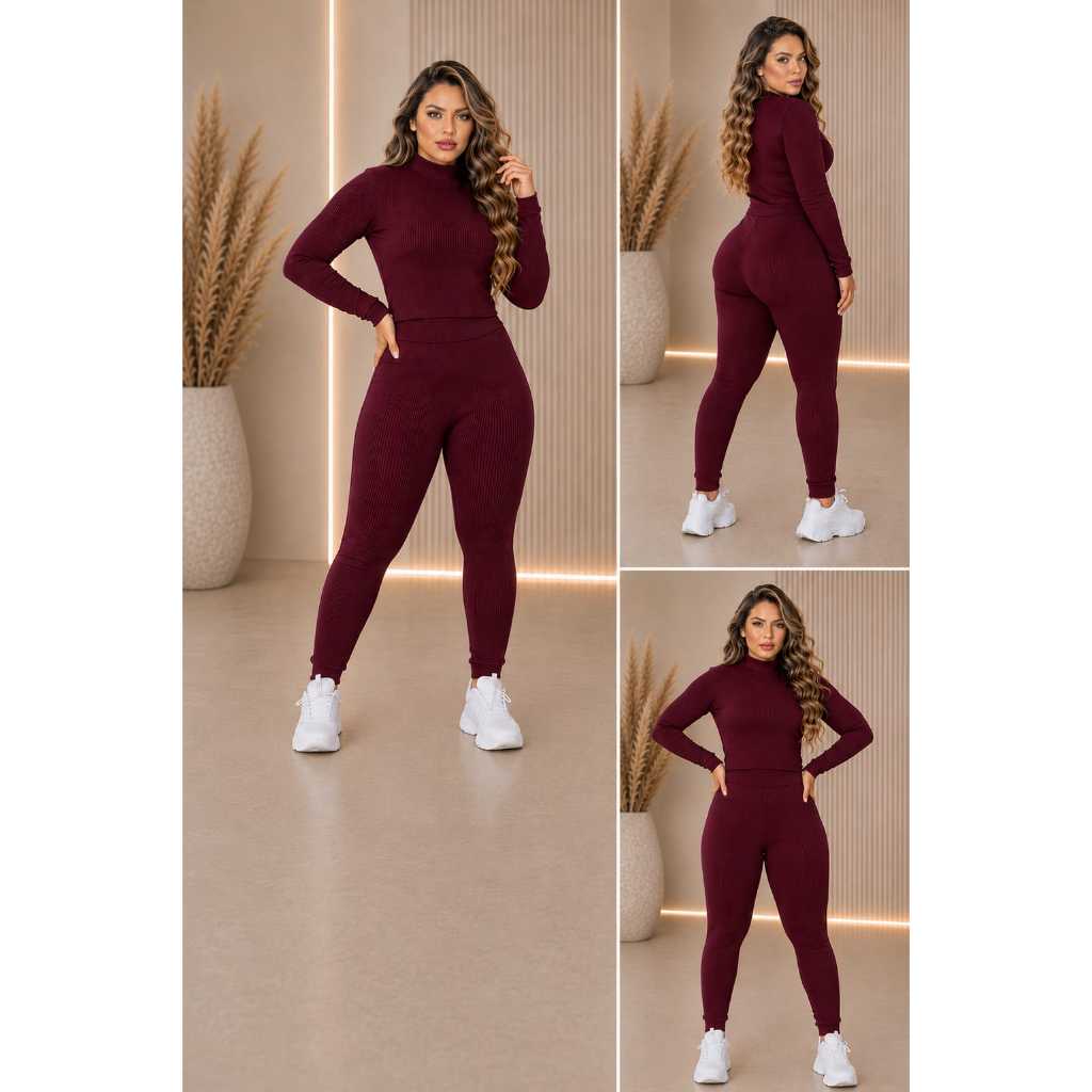 Mary Fashion Conjunto Feminino Calça e Blusa Manga longa/ Canelado 3D/Confortável Blogueira Tendência Inverno promoção