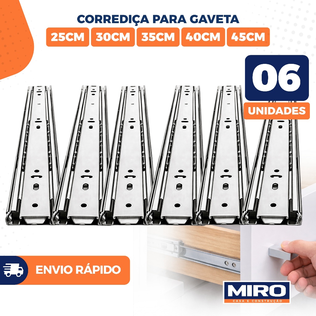 Corrediça Telescópica Light Trilho Gaveta 25 30 35 40 45cm 6 Unidades Aço Móveis Corrediça