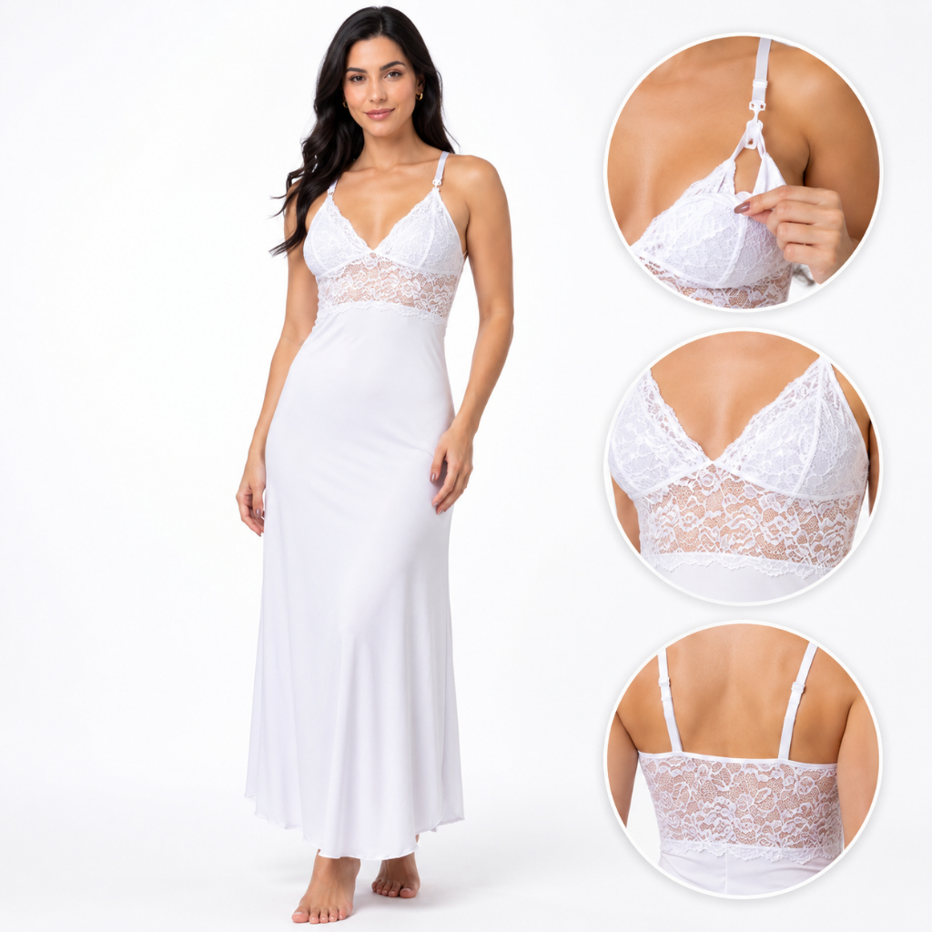 Camisola Longa Amamentação com Renda – Gestante e Pós-Parto Maternidade