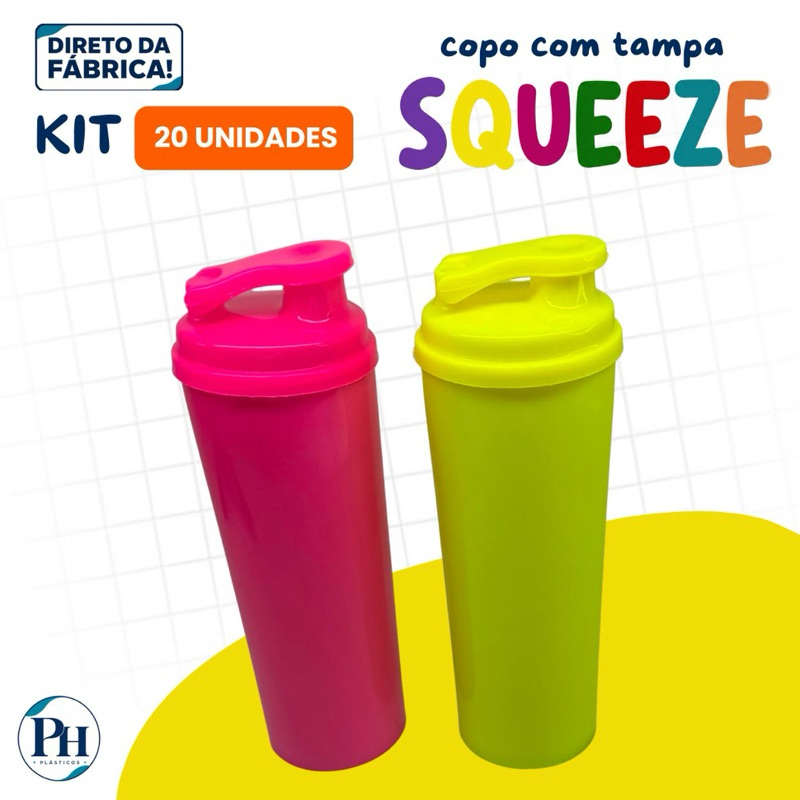 KIT 20 UNIDADES COPO LONG DRINK COM TAMPA SQUEEZE 330ML | FESTAS E LEMBRANCINHAS