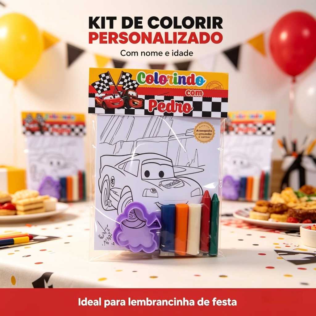 Kit Para Colorir Carros Personalizado para Festa Infantil + Kit Massinha + Giz, Lembrancinha Criativa