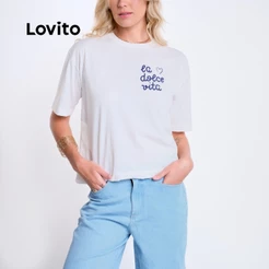 Lovito Camiseta 100% Algodao Casual Oversized Moda Feminina com Estampa La Dolce BRTSB19311961
