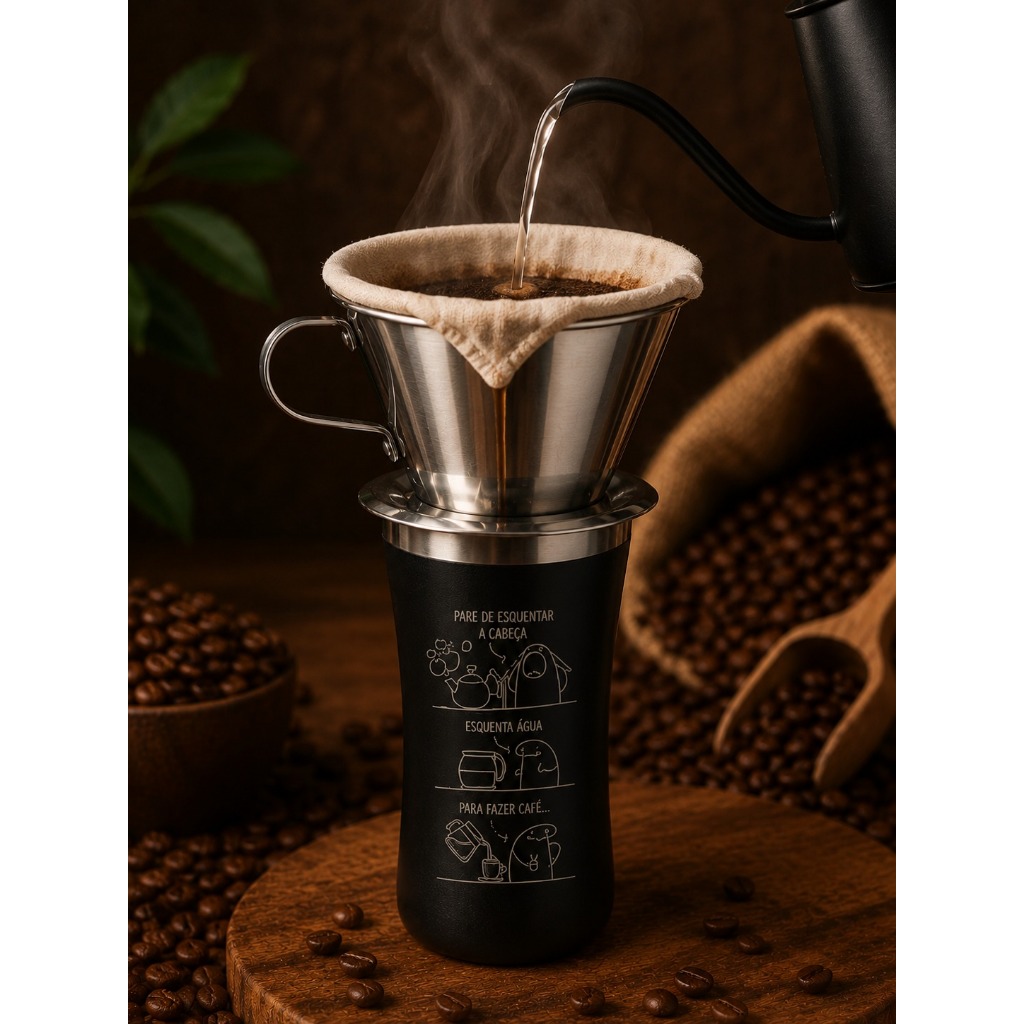 Kit Copo Café 160ml Cor Aleatória Resistente ao Calor + Filtro Alumínio + Coador de Pano Personalizado á Laser Café Chá